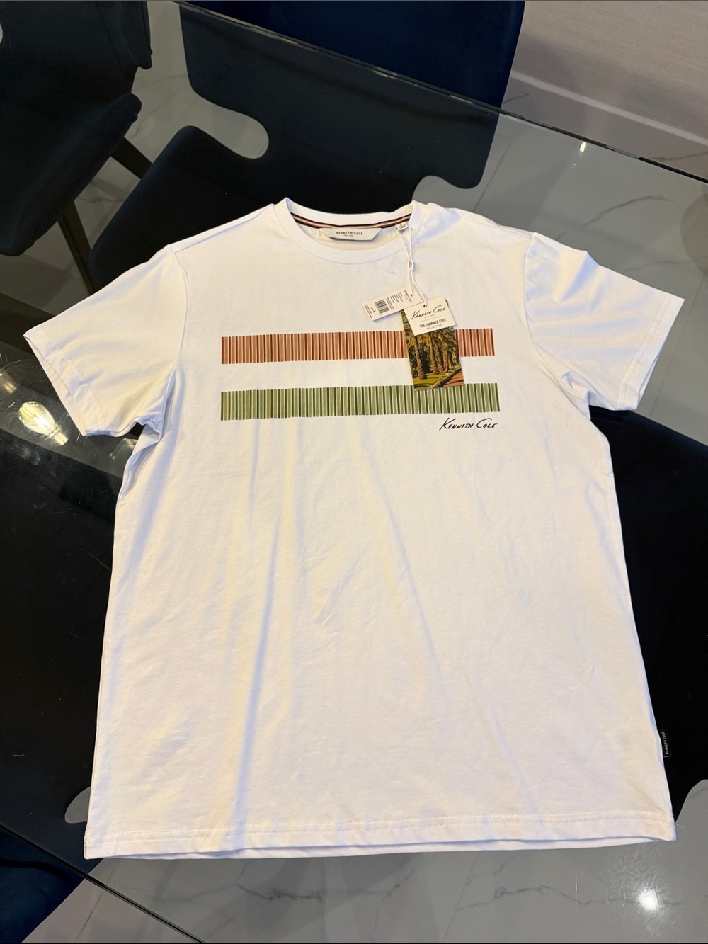 Kenneth Cole White Tee with Rust and Olive Stripe Bars